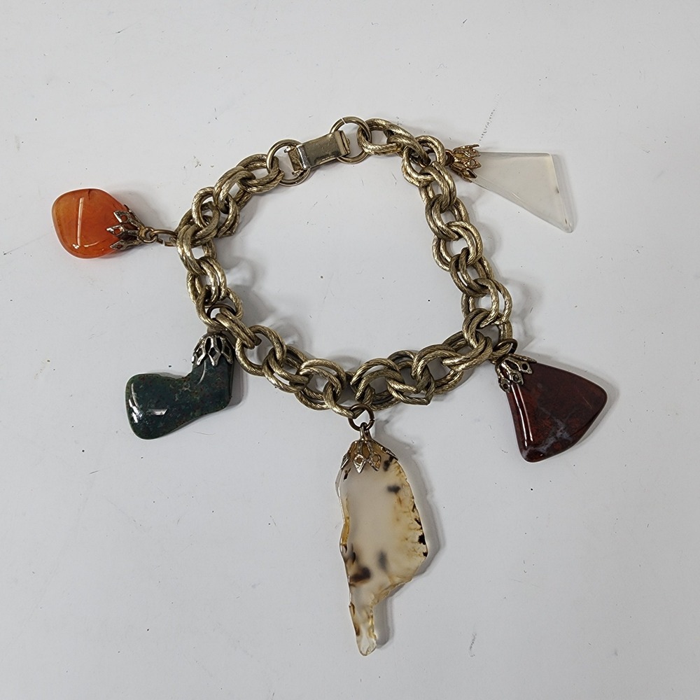 Vintage Charm‎ Bracelet Womens Gold Tone Natural Stone Agate Jasper 1960s Chunky